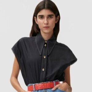Ganni Cotton Poplin Sleeveless Diamond Shirt, Black, Sz. 38 (M)